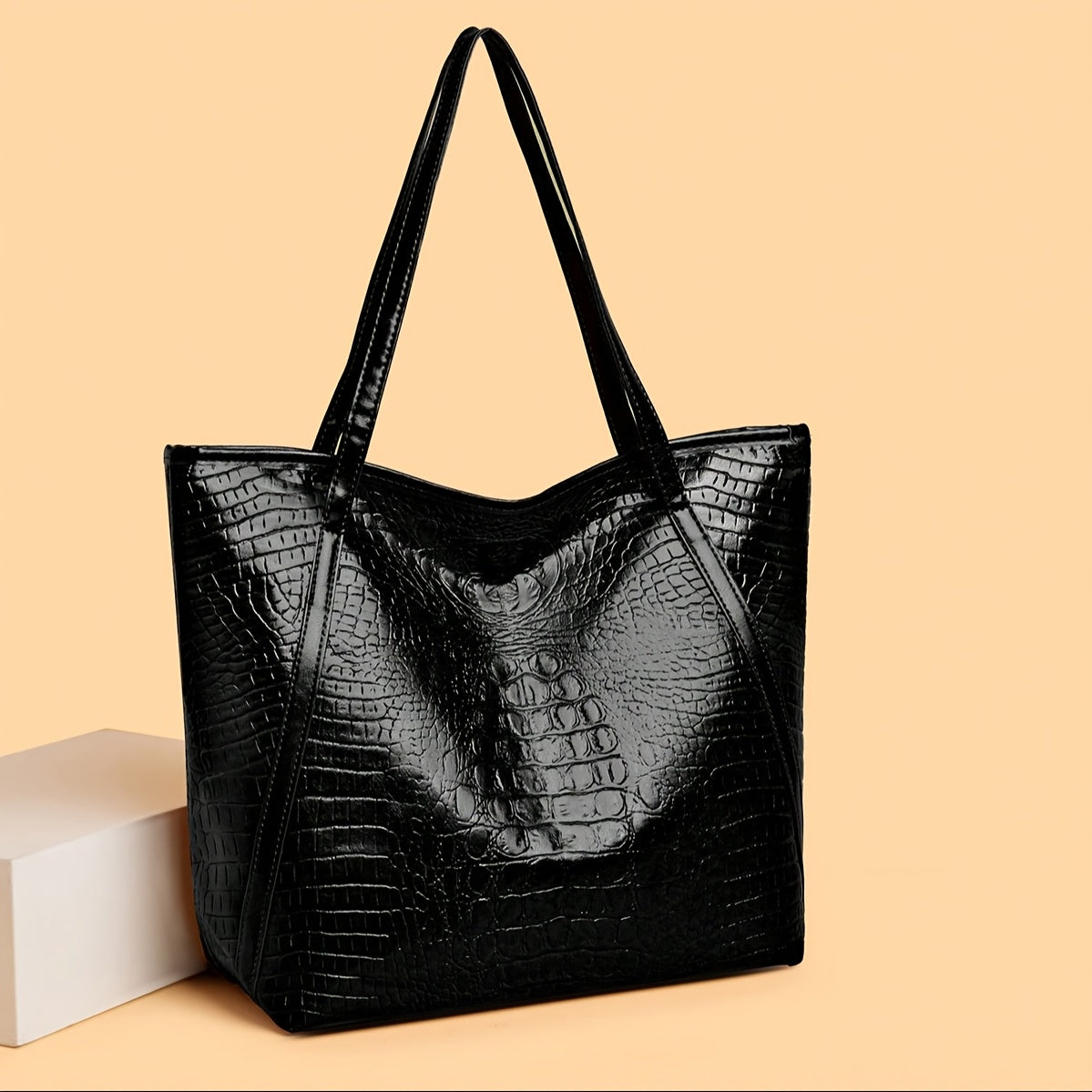Stylish Black Crocodile Print PU Tote Bag for Women